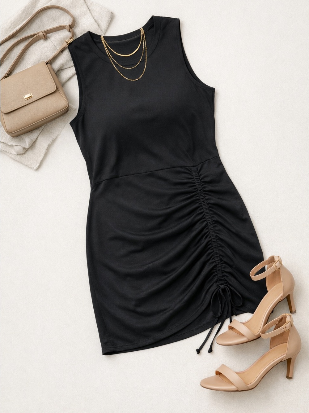 Socialite dress sleeveless drawstring ruched minidress black size Large. NWOT